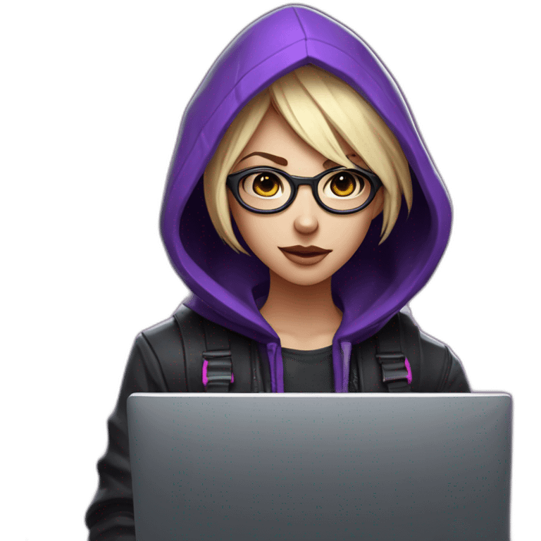 Girl blond developer with round glasses left side behind his laptop with this style: Valorant Riot Game purple character purple black hooded hacker  emoji