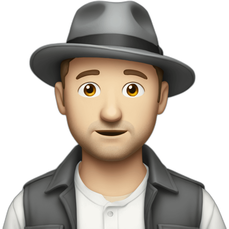 tim robinson wearing a grey fedora white shirt only looking scared and sad side view emoji