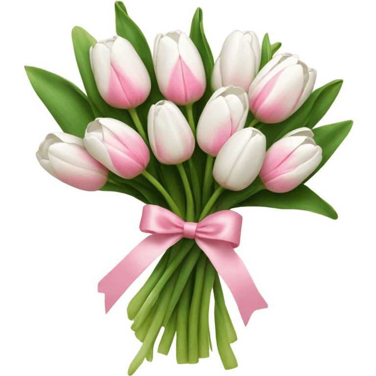 bouquet of white tulips and some pink tulips with a bow around it emoji