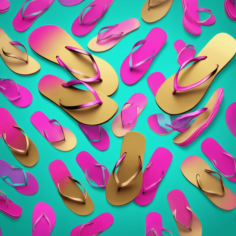 Realistic metallic gold ,hot pink and dark turquoise gradient pair of summer flip flops isolated. emoji