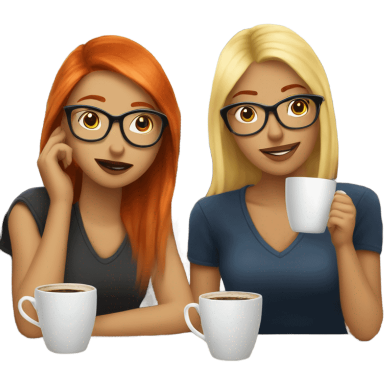 Two girl friends one blonde in glasses and one red headed sitting in the coffee house drinking coffee emoji