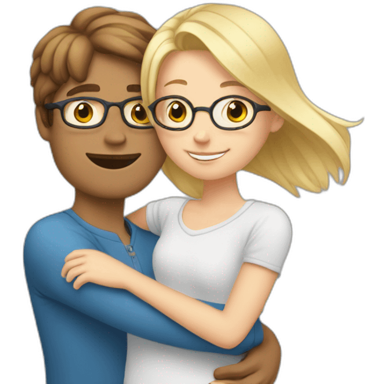  white boy with brown hair and glasses hugs a blonde girl emoji