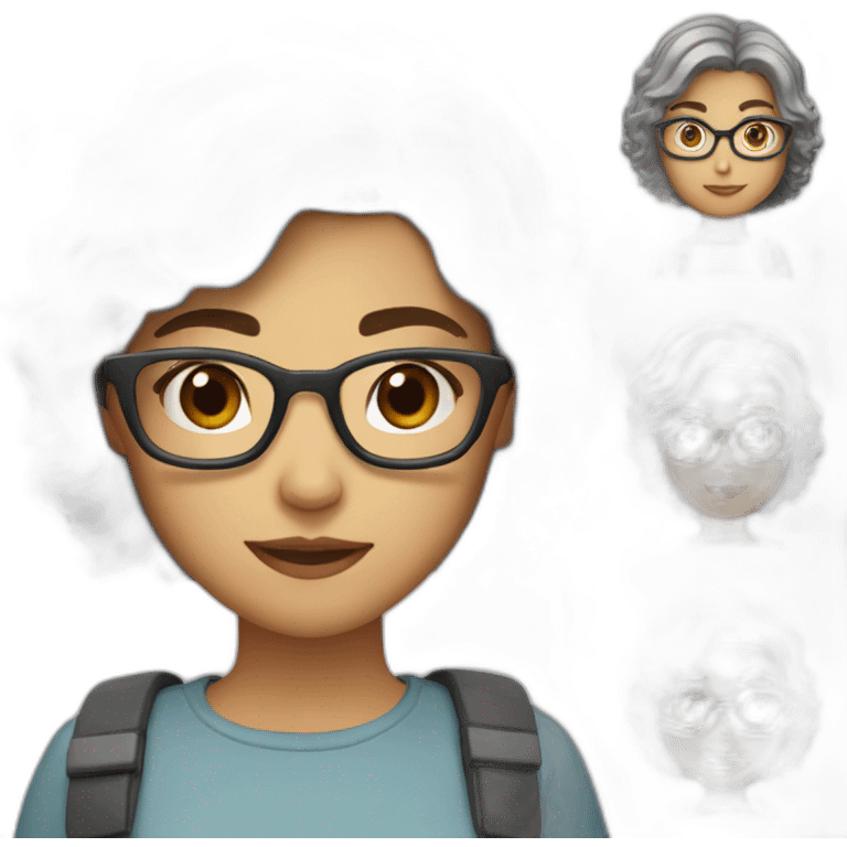 girl with short shoulder-length hair, brown hair with some gray hair, wavy hair, red maroon glasses emoji