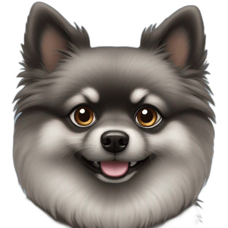 Black and gray Pomeranian with blue and brown eye emoji