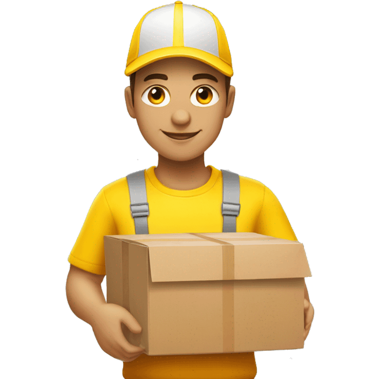 a delivery person with a yellow outfit with some red lines like the DHL logo. The delivery person carry somes carton boxes. emoji