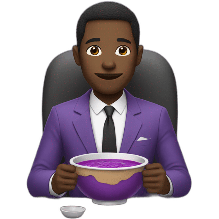 Black man in a purple suit eating purple soup emoji