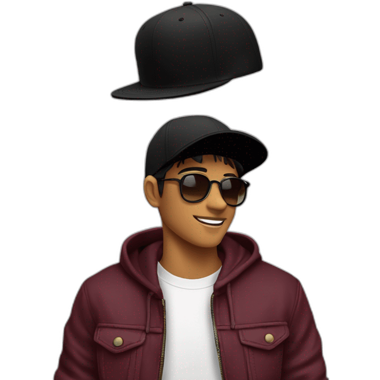 Chico joven con gorra hacia atrás color negra lentes negros sacando la lengua buso vinotinto  emoji