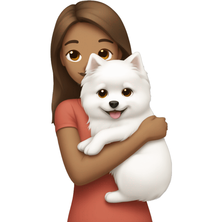 Brown hair girl hugging a white pomeranian emoji