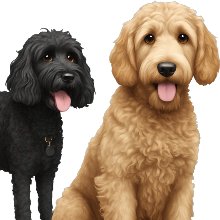 A golden Labradoodle next to a black short haired Portuguese water emoji