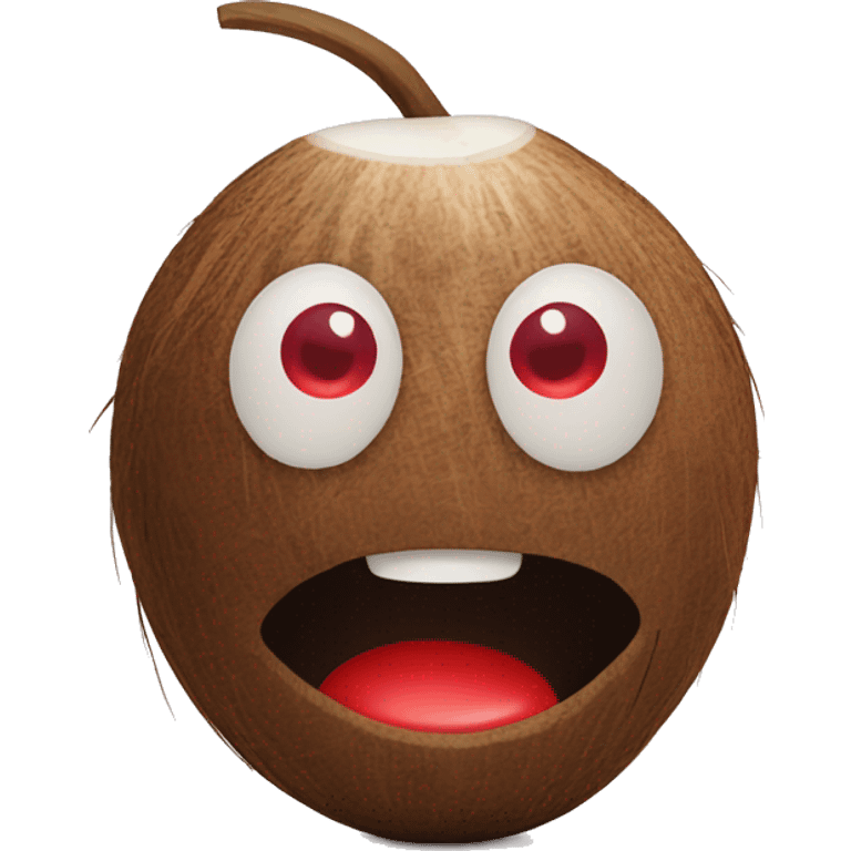 a coconut with a face on it looking down with red eyes, frightened by what it has done emoji