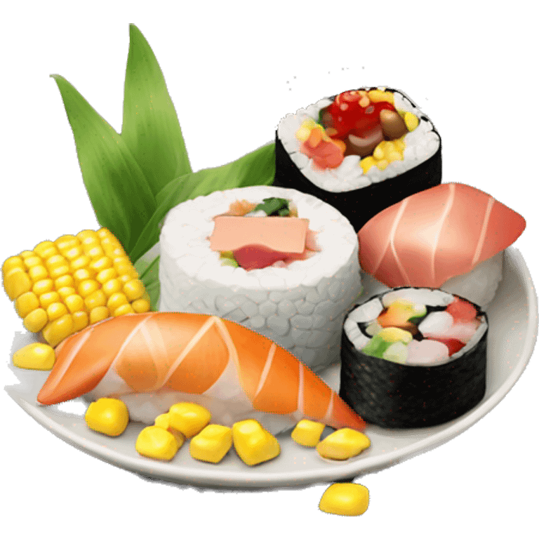 make a plate with sushi on it but there’s also a scoop of chocolate ice cream with corn in it emoji