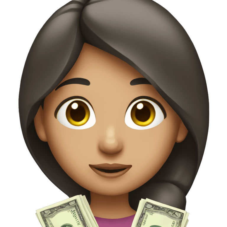 A brunette  girl holding money emoji