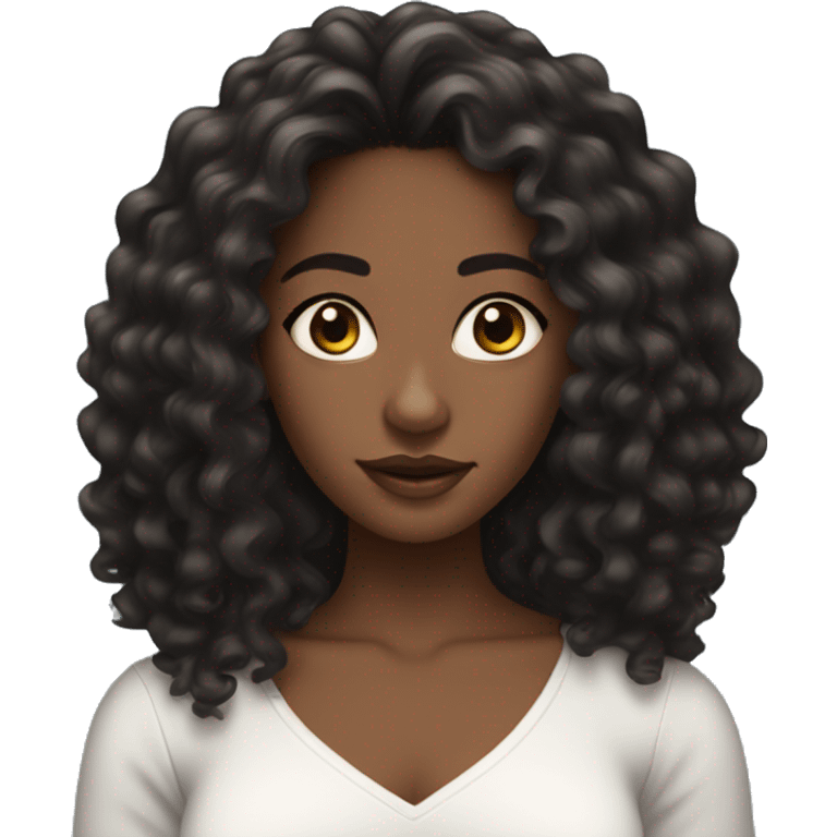 pretty black woman with super long black curly hair and brown almond eyes with white top  emoji