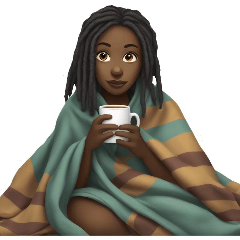 Black girl with dreadlocks wrapped in blanket sipping tea emoji