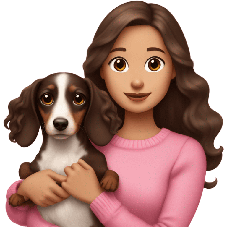  white girl with dark brown long wavy hair in a pink sweater holds a dark brown and cream dachshund long-haired puppy in her arms emoji