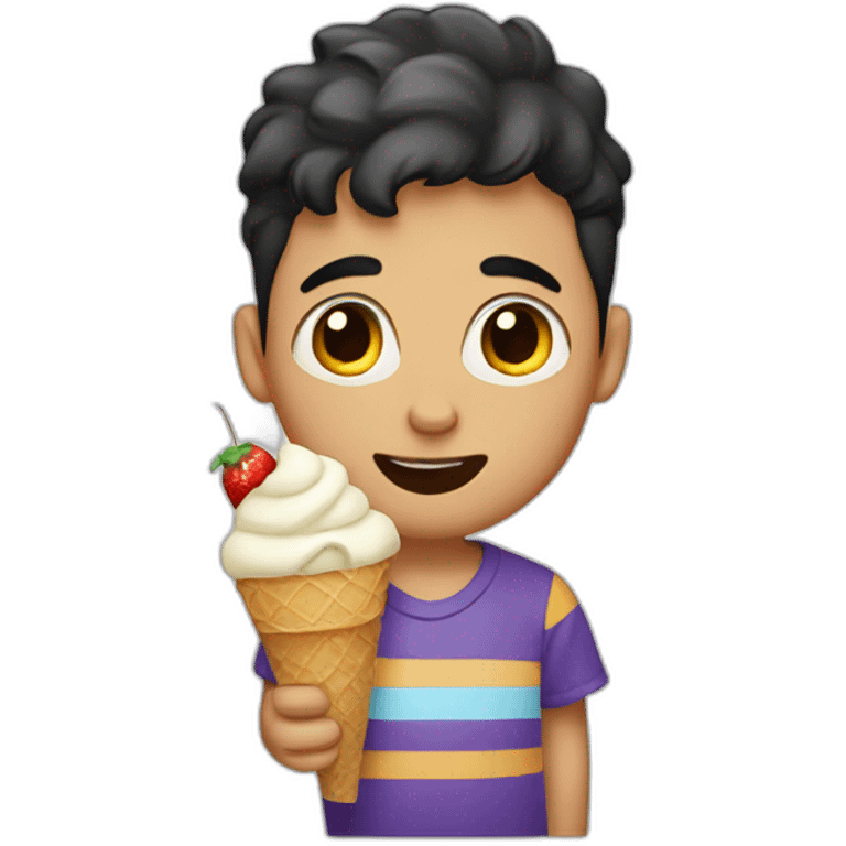 a boy with dark eyebrows eating ice cream emoji