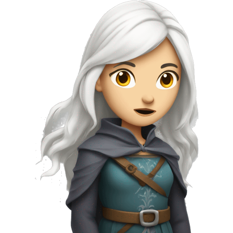 Girl with white hair, wearing medieval clothing looking annoyed emoji