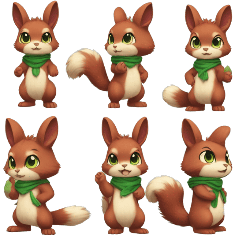 Cute, Chibi, chubby, fluffy, Kemono-style, Anthro, Fur-Sona, Dark-Red, Squirrel-Rabbit-hybrid-Fakémon, with a green bandana, full body emoji