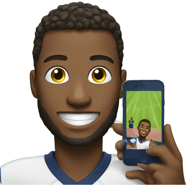 Sports star taking a selfie, holding a phone with a video playing of them on a field emoji