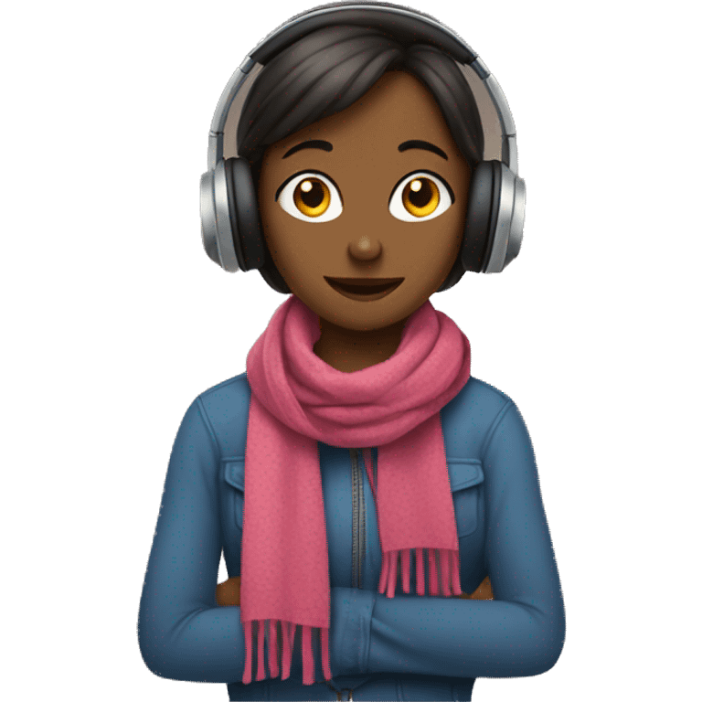 a girl listening to music with headphones and a scarf emoji