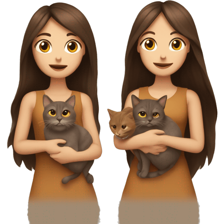 Two long hair brunettes keeping two brown cats in their hands emoji