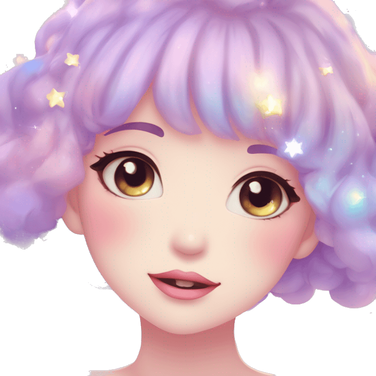 Gorgeous pastel anime style lady blushing nebula gradient sparkle face dreamy idol model colorful shiny stars galaxy kawaii cottagecore pearly petite simplistic aesthetic trending style emoji