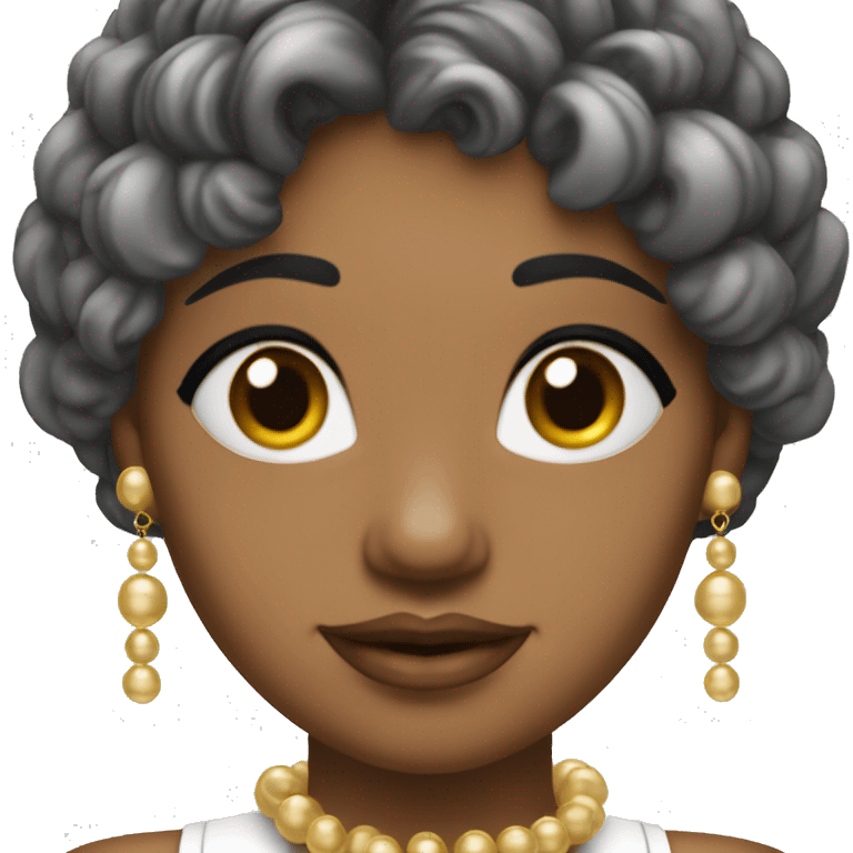 Mujer de piel blanca con rizos castaños y flequillo que tiene pendientes de perlas y un colgante en el cuello dorado emoji