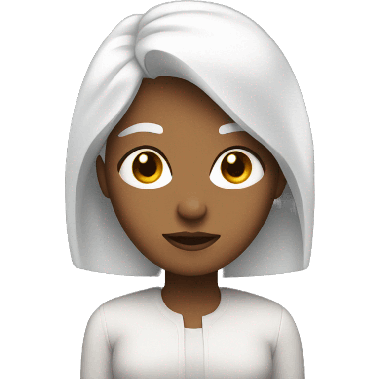 developer woman behind a mac, with white hair, two brown eyes emoji