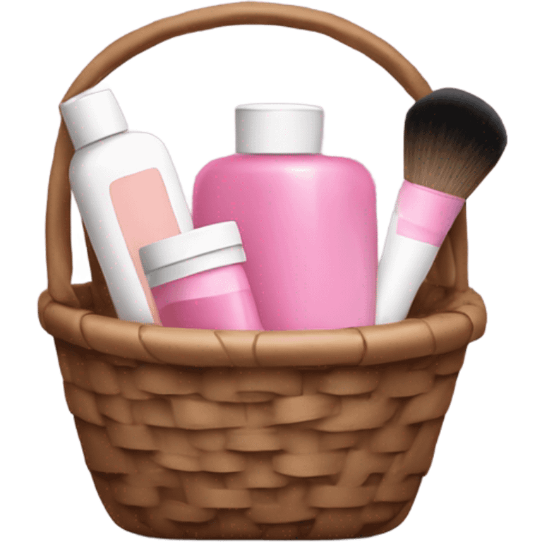 little brown basket with pink and white beauty products inside like shampoos and make up emoji