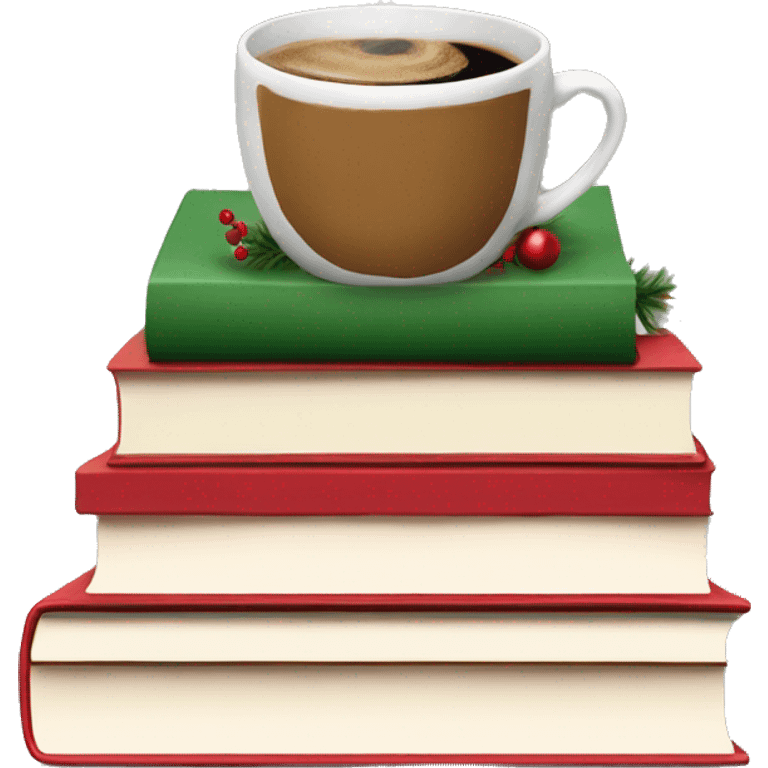 Christmas book stack with coffee on top emoji