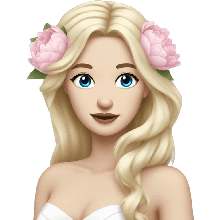 White bride with long light blonde hair and blue eyes with light pink peonies in hair white skin  emoji