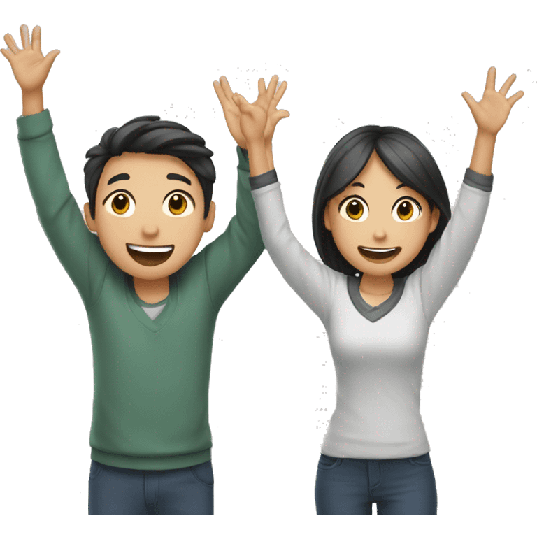 two students raising their hands happily both looking asian emoji