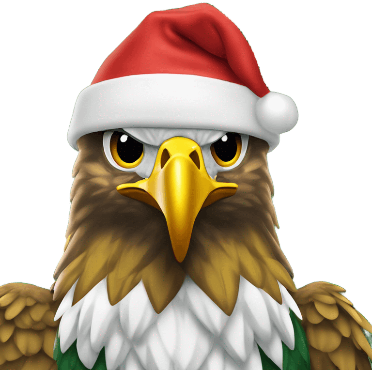 the state university of new york college at brockport's mascot Ellsworth the golden eagle, green beak, in front of a christmas tree emoji