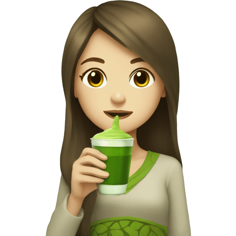 Girl with long brown hair drinking matcha emoji