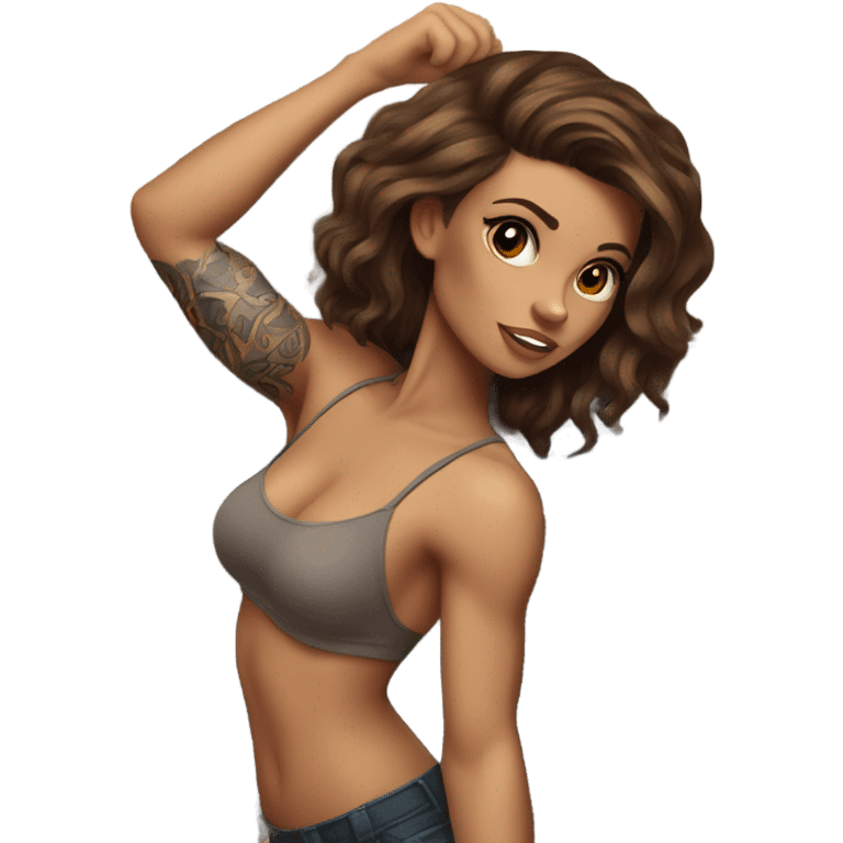 Beautiful tattooed woman brown hair climbing rocks emoji