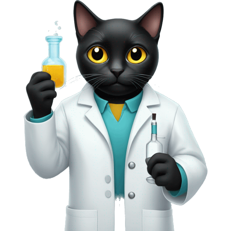 Black cat wearing a lab coat with shocked expression holding a vial emoji