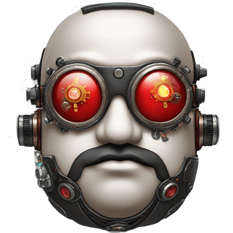 Fat cyborg head with red steampunk goggles, black goatee and circuits emoji