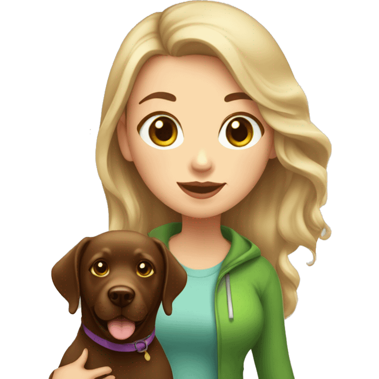 chubby girl with blond highlights in hair and green eyes walking a chocolate labrador emoji