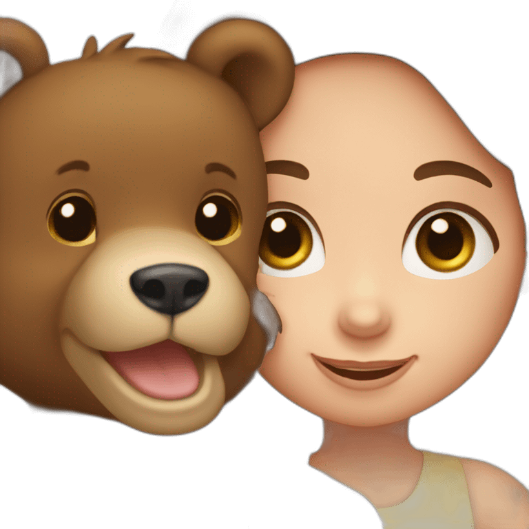 Little girl with brown eyes and long brown hair holding a bear cub and waving hello emoji