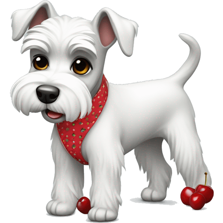 White fun mini schnauzer wearing pants with cherries emoji