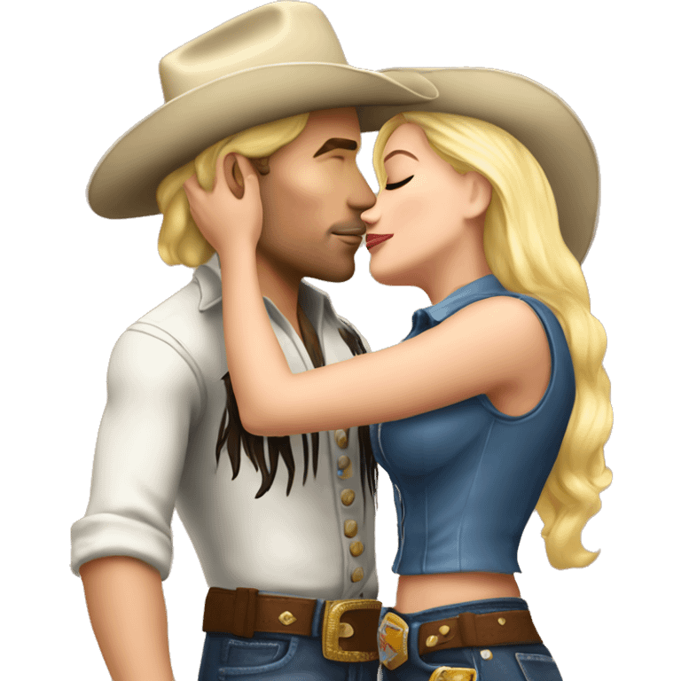 a short blonde cowgirl kissing the cheek of a tall blonde cowboy full body emoji