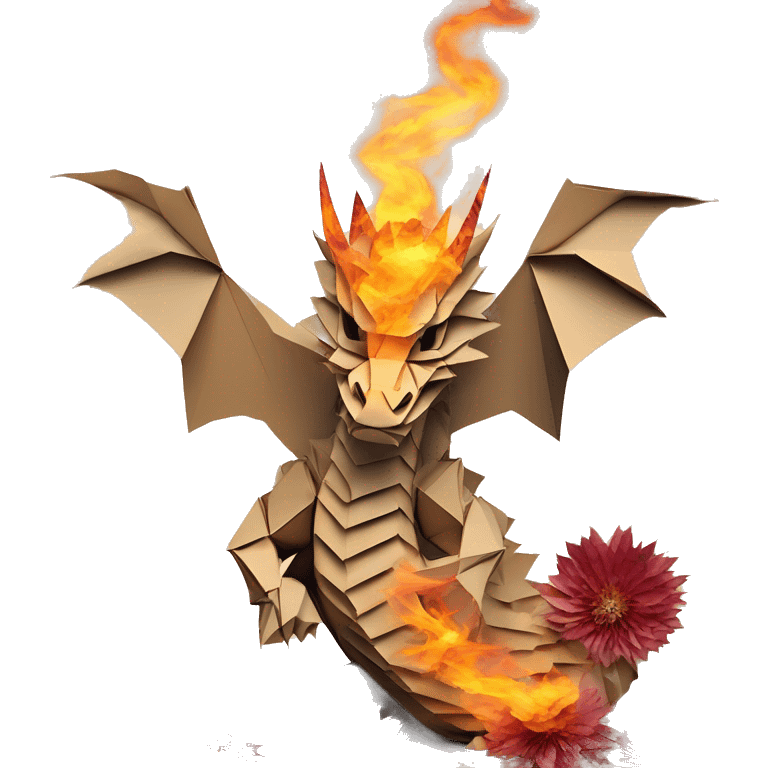 Charred flaming fiery Beige Origami dragon made of newspapers on fire letters on fire burnt paper surrounded by fairy lights swirls covered in dried flowers bokeh floral flowers fire flames emoji