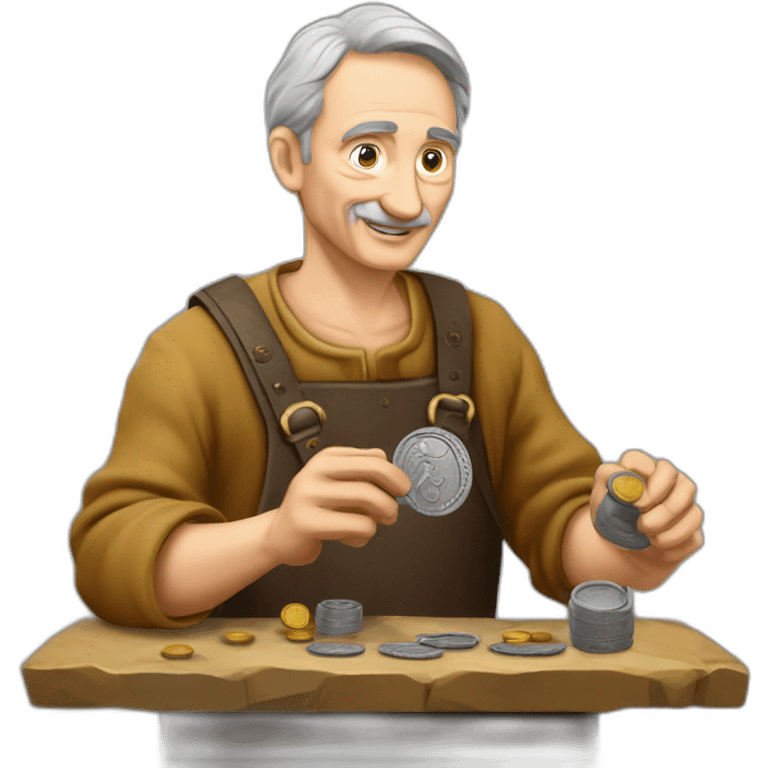 old and experienced coin engraver yielding a coin, medieval age emoji