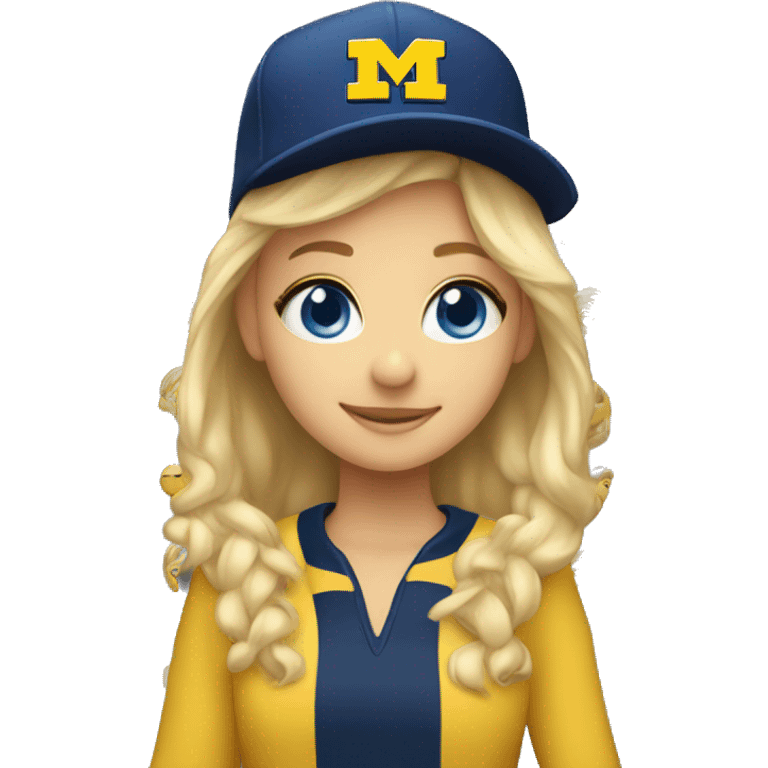 Blonde girl with blue eyes smiling wearing University of Michigan hat emoji