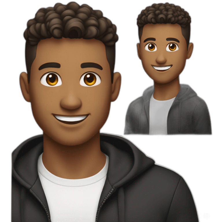 Smiling guy, barber fade haircut, wearing a black quarter zip sweater with white tee shirt under, tan skin tone, working on a MacBook Air emoji