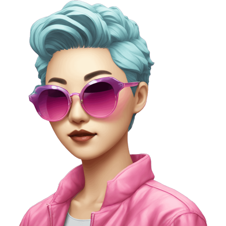 a short-haired Taiwanese lesbian with vaporwave style, sunglasses with vaporwave image on it. emoji