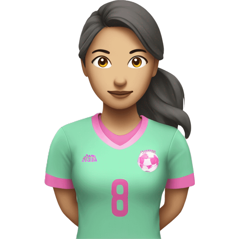 A female soccer player, dressed in pink and mint. Asian, emoji