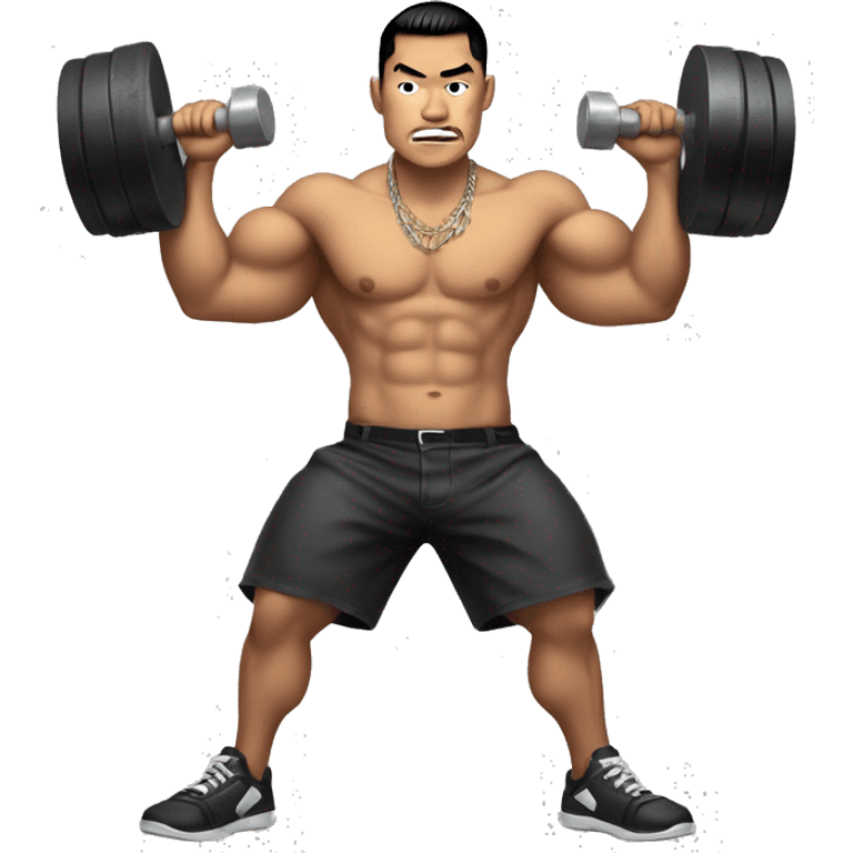 bad boy asian. tattoos. muscles. holding weights.  full body with legs. making the 'rizz' face  emoji