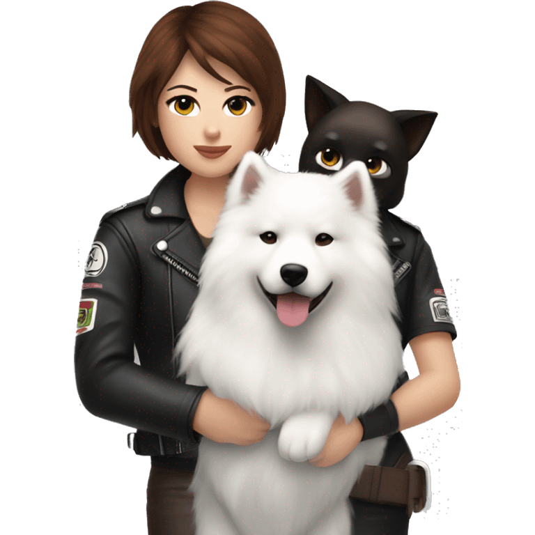 Girl biker white skin and brown short hair with a agv black helmet hugging a white Samoyed emoji