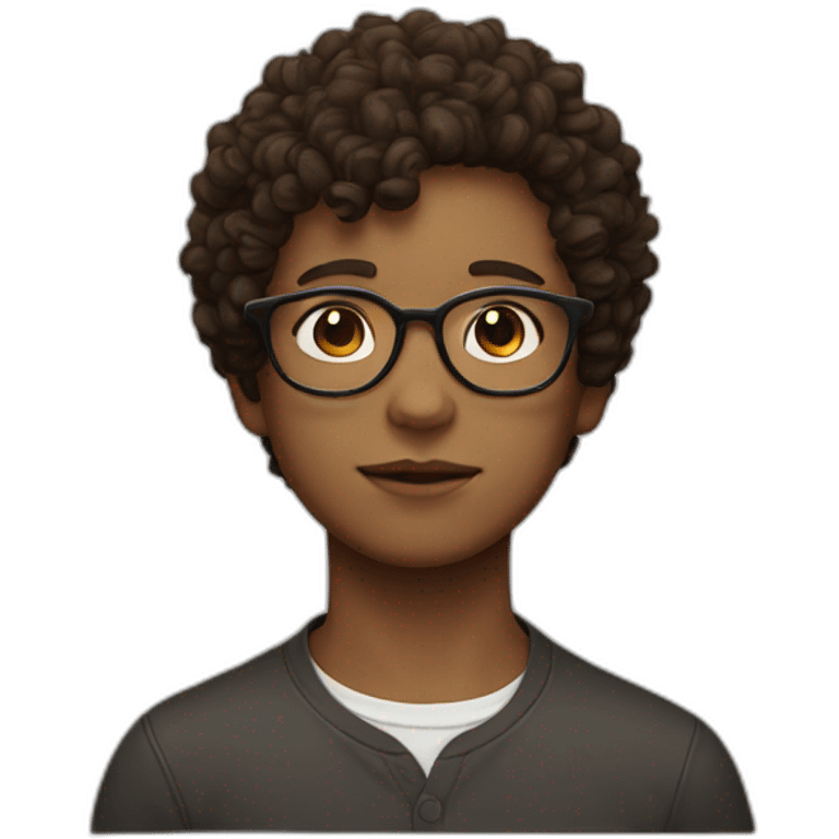 head of a boy with brown curly short hair and white glasses with a dark cat emoji